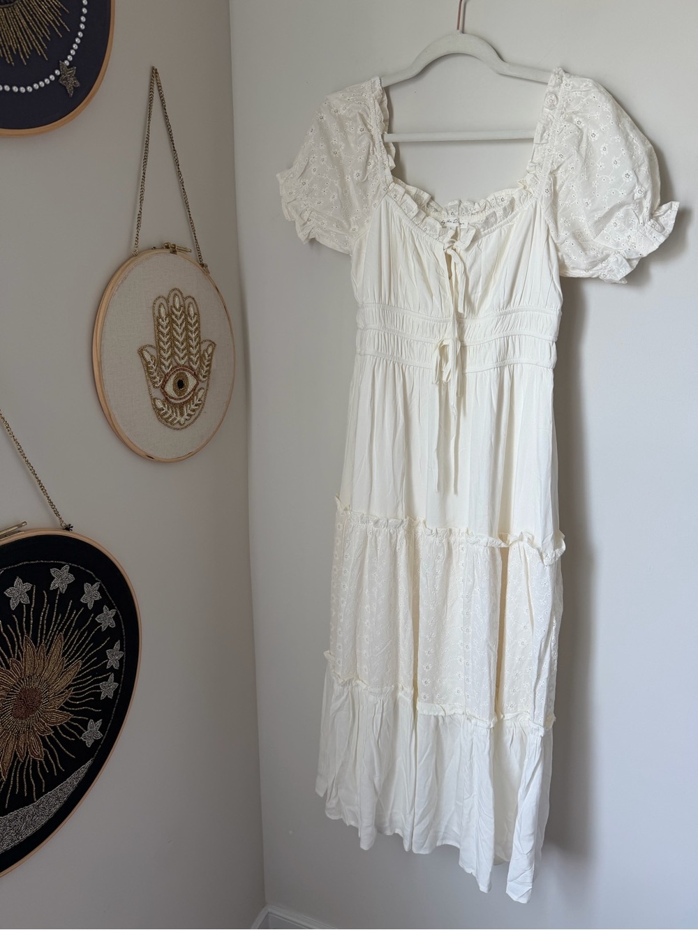 Cream Eyelet puff short sleeve tiered Midi Dress